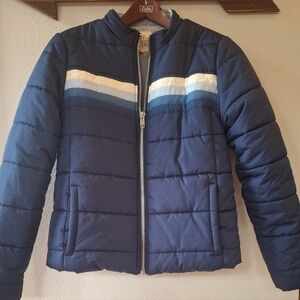 Chaser Quilted Puffer Coat Navy W/Stripes Full Zip Pockets Womens Size S